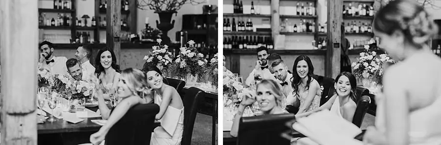 Two black-and-white photographs of wedding party members listening to a woman speaking.