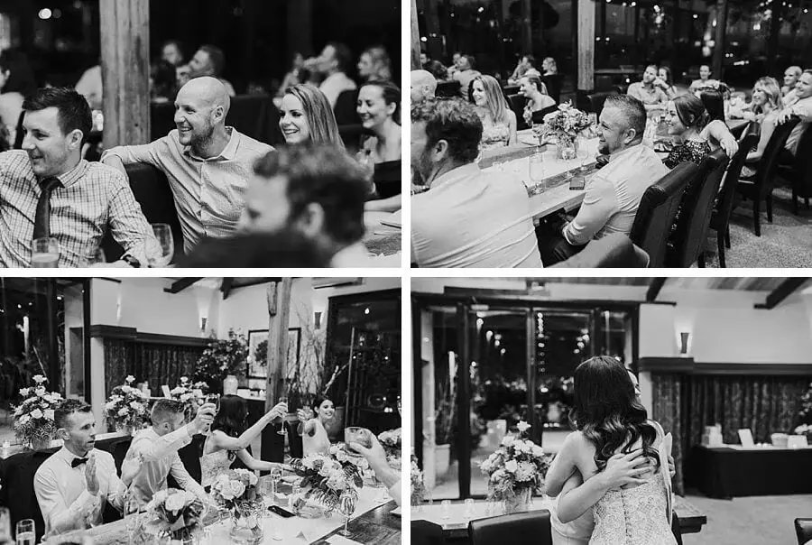 Four black-and-white photographs of guests reacting to reception speeches.