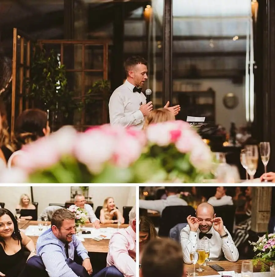 Three photographs of a man giving a microphone speech and guests listening.