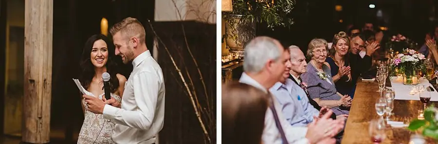 Two photographs of the couple speaking together and guests applauding.