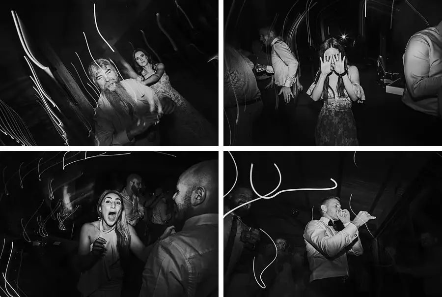 Four black-and-white photographs of guests dancing and posing beneath streaks of light.
