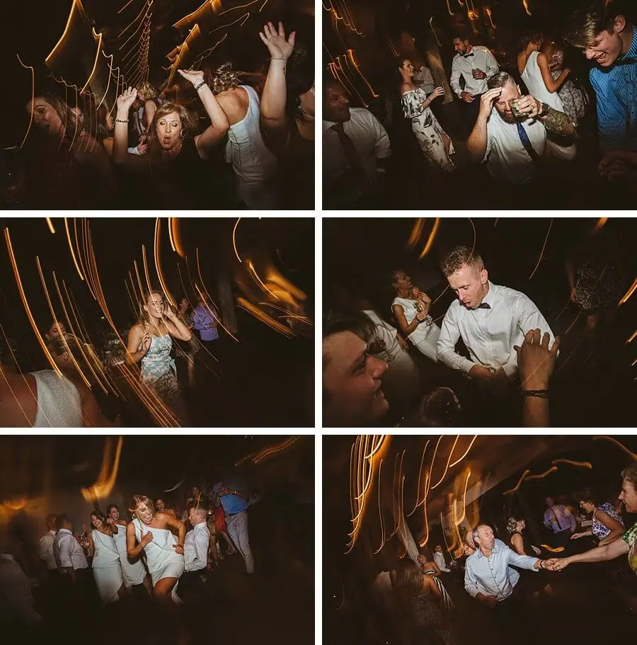 Six photographs of guests dancing beneath golden streaks of light.