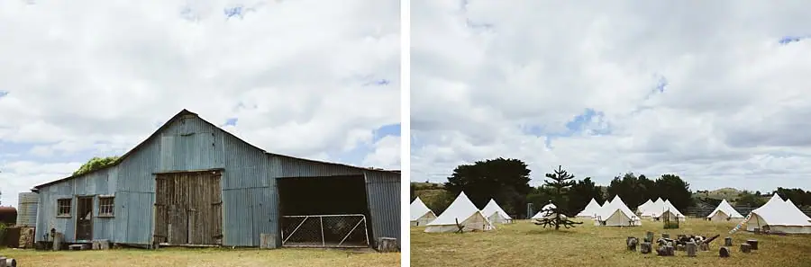 Two photographs of a weathered farm shed and white bell tents in a field