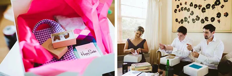 Two photographs of wrapped gifts and men opening presents in a sitting room