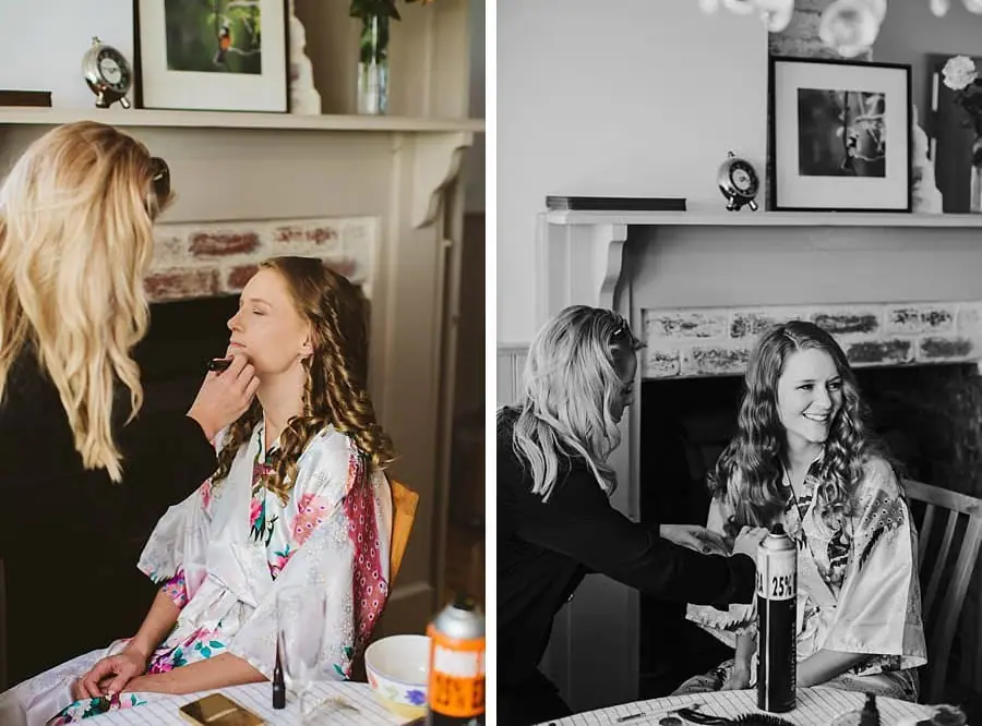 Two photographs of the bride having her makeup and hair finished