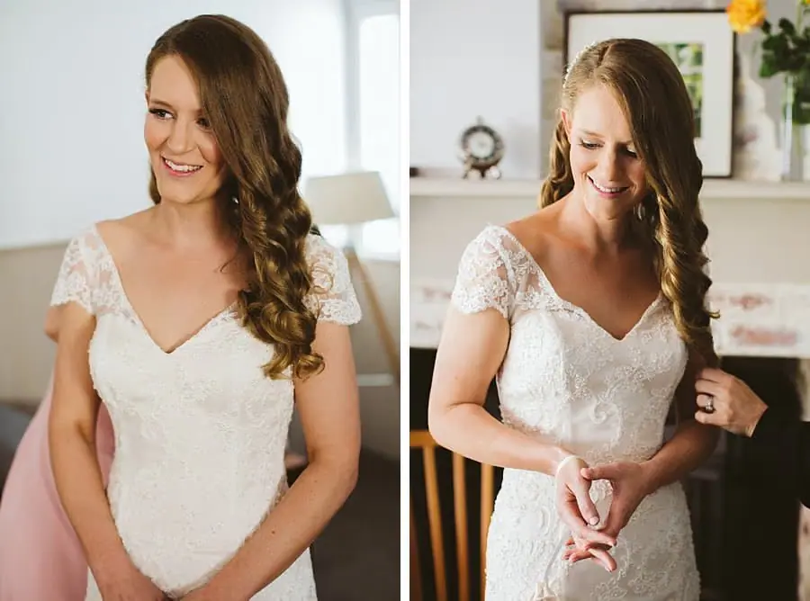 Two portraits of the bride smiling in her lace wedding dress