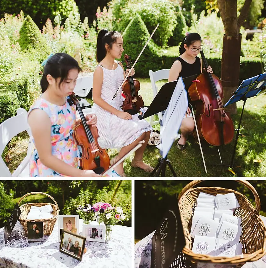 Three photographs of string musicians, the welcome table and a basket of paper cones