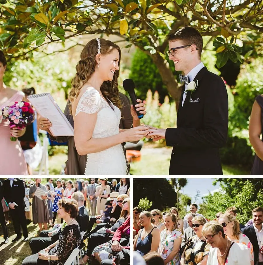 Three photographs of the couple exchanging vows and guests watching