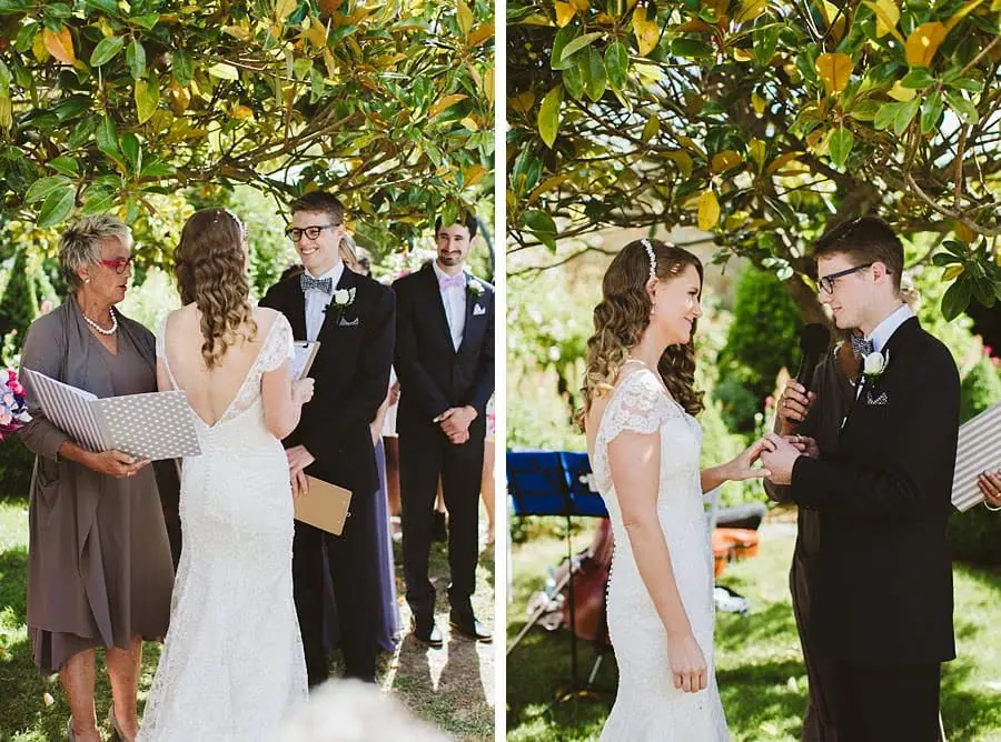 Two photographs of the bride and groom exchanging vows beneath leafy branches