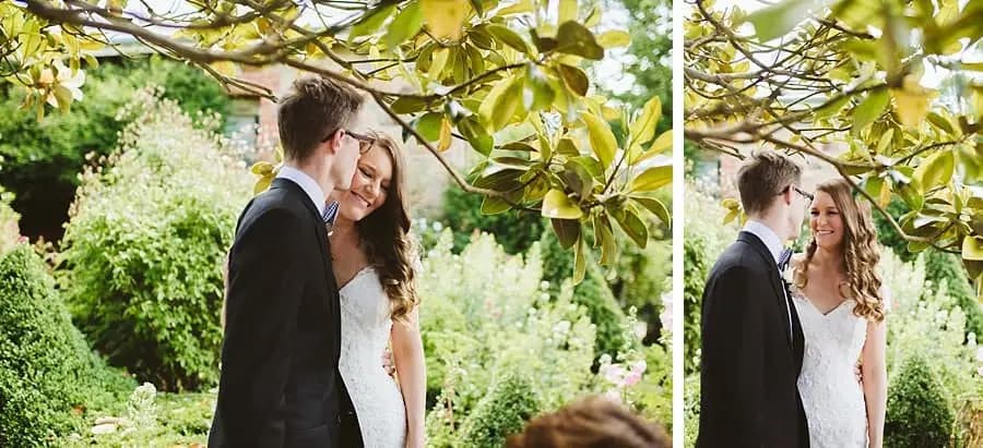 Two photographs of the groom kissing the bride's temple beneath a leafy tree