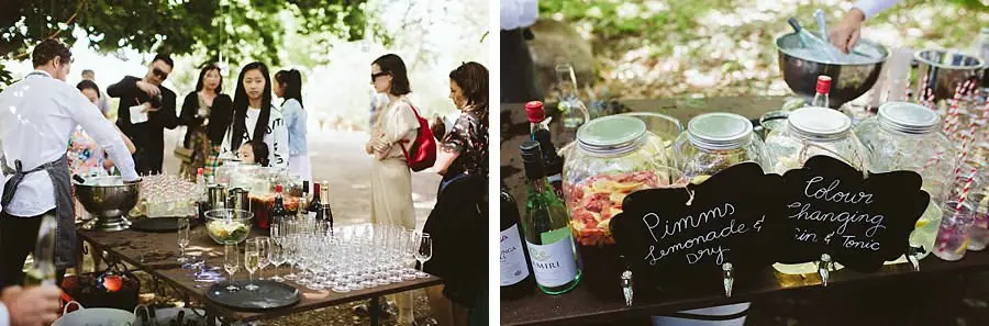 Two photographs of an outdoor bar and bowls of colourful drinks