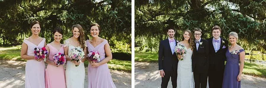 Two photographs of the bride with bridesmaids and the couple with groomsmen