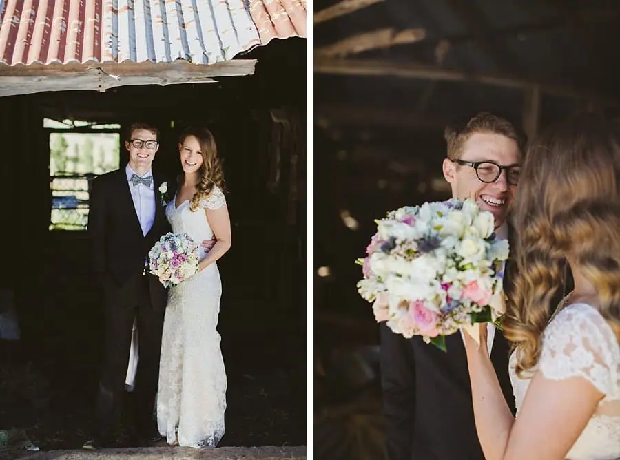 Two photographs of the couple standing at a rustic shed and smiling with a bouquet