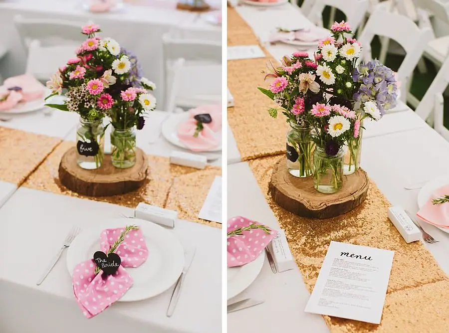 Two photographs of floral centrepieces and place settings on a gold table runner