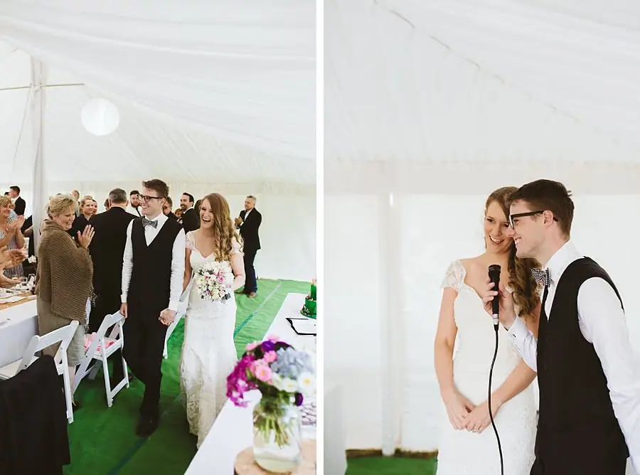 Two photographs of the couple entering the reception and sharing a microphone