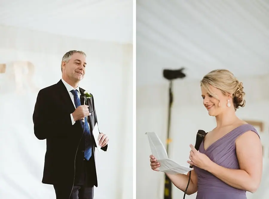 Two photographs of a man and a woman speaking into a microphone