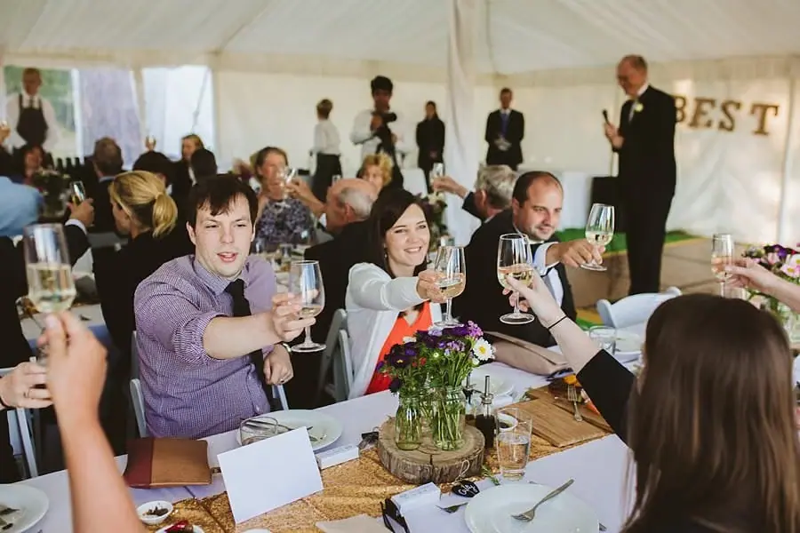 Guests raising wine glasses together during a reception toast