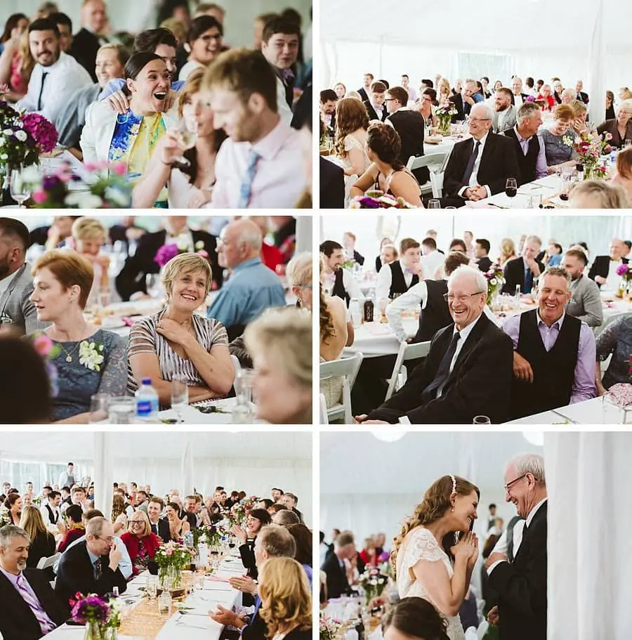 Six photographs of guests laughing and reacting during reception speeches