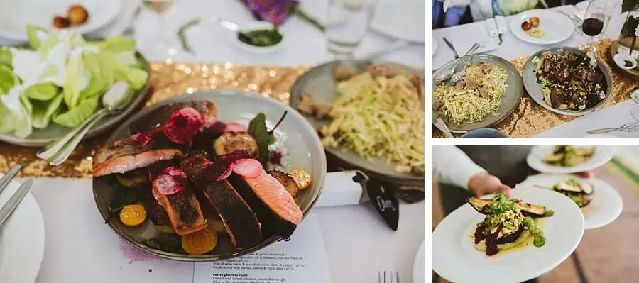 Three photographs of shared food platters and a plated meal at the reception