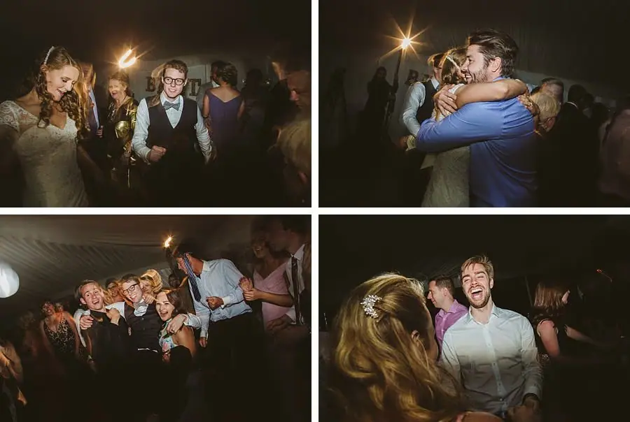 Four photographs of guests laughing, embracing and dancing at the reception