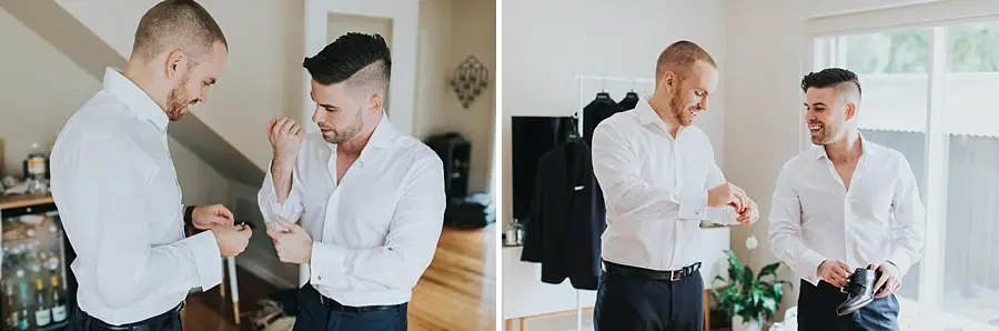 Two photographs of men helping each other fasten white shirt cuffs.
