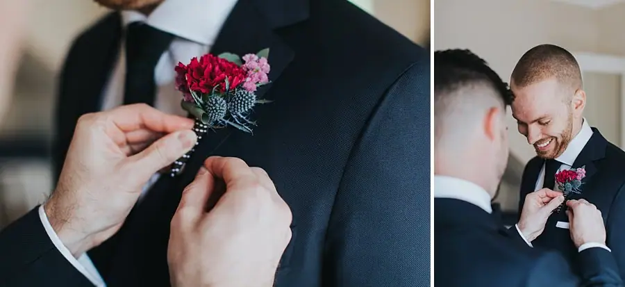 Two photographs of a red flower buttonhole being pinned to a dark suit jacket.
