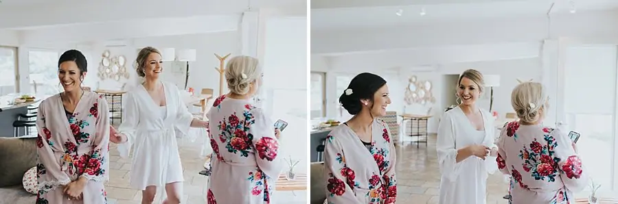 Two photographs of women laughing together in robes inside a bright room.