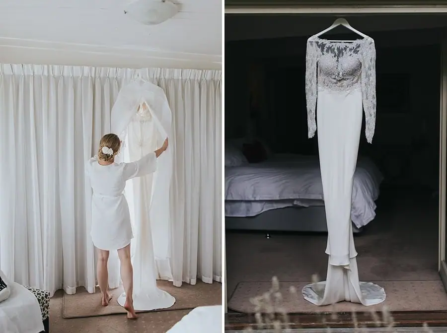 Two photographs of a woman holding up the wedding dress and the dress hanging in a doorway.