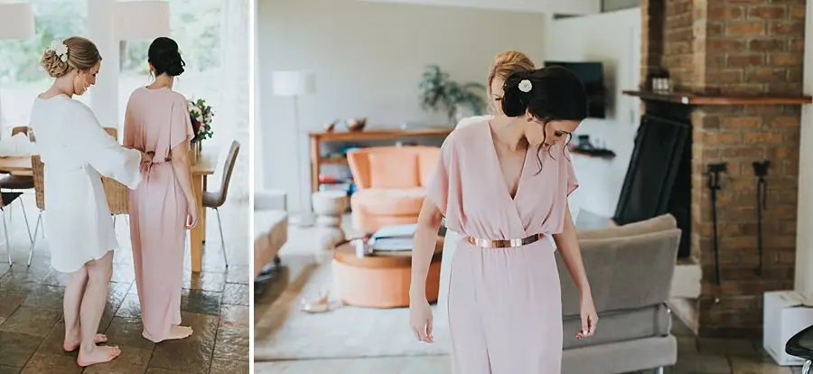 Two photographs of women preparing in pale pink dresses beside a fireplace.