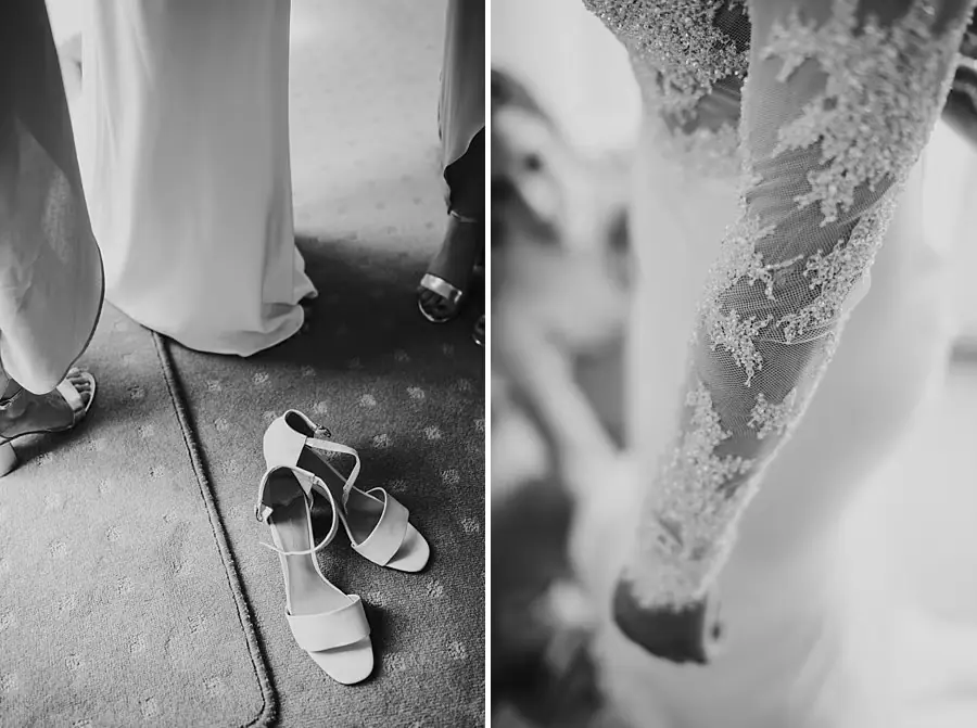 Two black-and-white close-ups of pale shoes and the bride's lace sleeve.