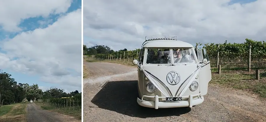 Two photographs of a vineyard driveway and a white vintage Volkswagen van.