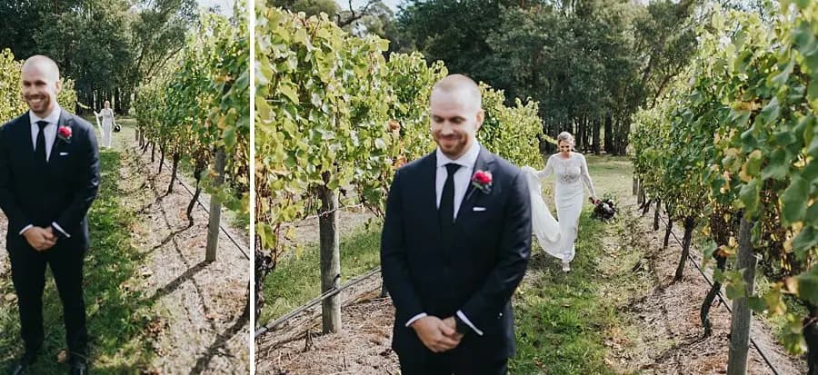 Two photographs of the groom waiting as the bride approaches through grapevines.