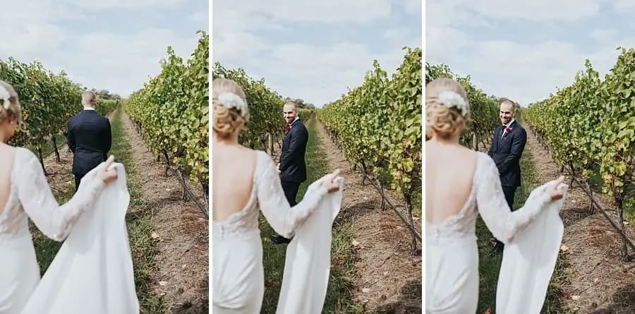 Three photographs of the groom turning to see the approaching bride in the vineyard.