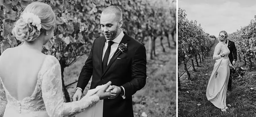 Two black-and-white photographs of the couple holding hands and embracing in the vineyard.