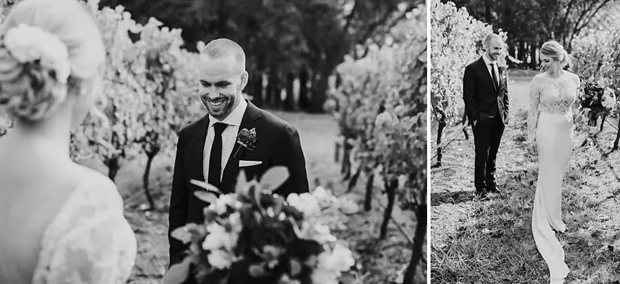 Two black-and-white photographs of the groom smiling and the couple walking together.