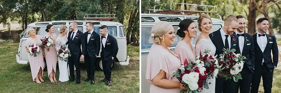 Two group portraits of the wedding party beside the vintage van.