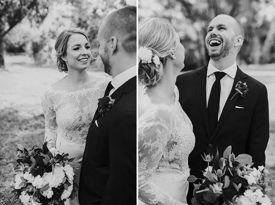 Two black-and-white close portraits of the couple laughing together.