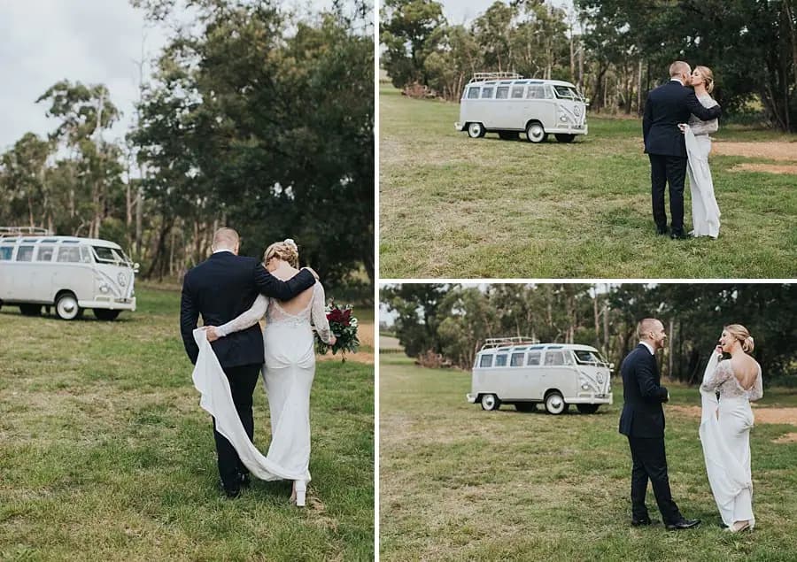 Three photographs of the couple embracing and walking across the lawn near the vintage van.