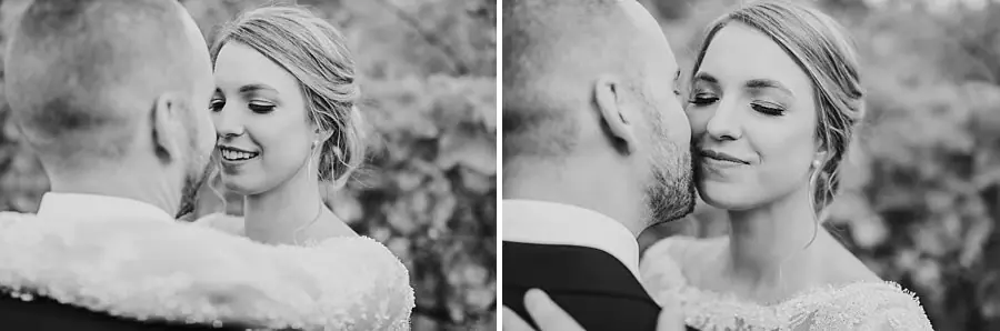 Two black-and-white close-ups of the couple embracing in the vineyard.
