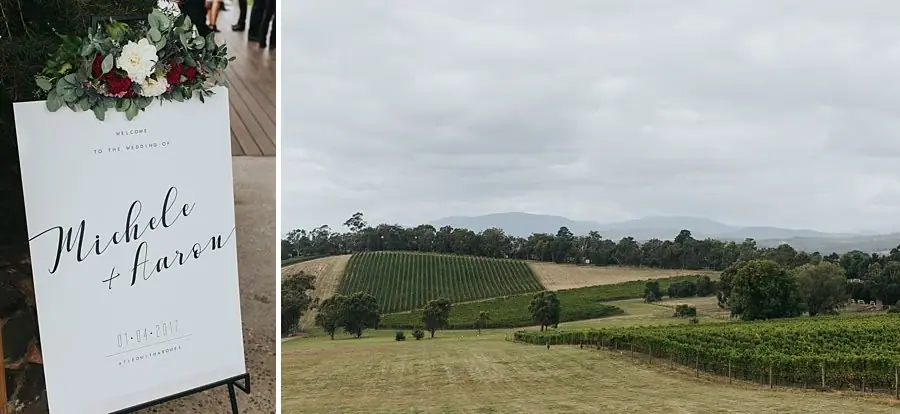 Two photographs of a floral wedding welcome sign and rolling vineyard hills.