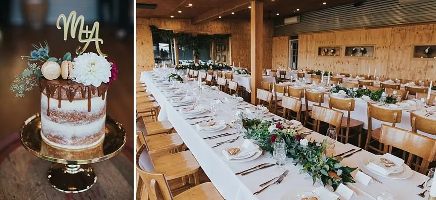 Two photographs of a flower-topped wedding cake and long reception tables.