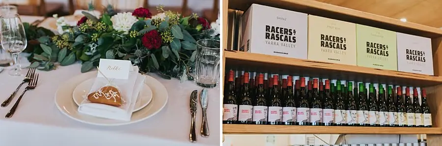 Two photographs of a place setting and shelves of wine bottles.