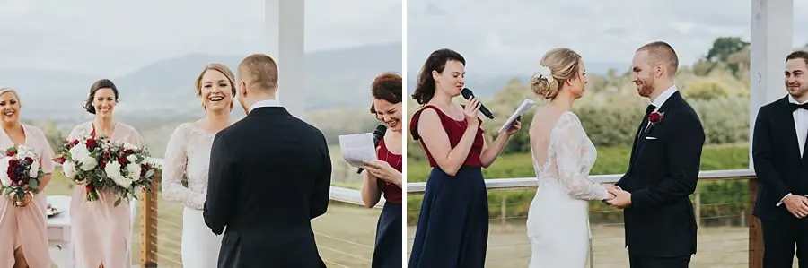 Two photographs of the bride smiling and the couple holding hands during the ceremony.