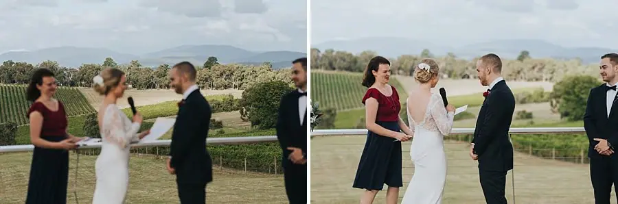 Two photographs of the bride and groom exchanging vows beside the celebrant.
