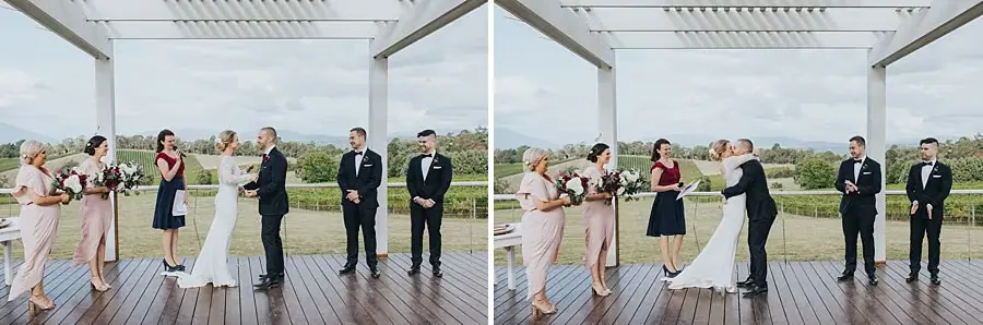 Two wide photographs of the couple under the pergola and sharing a kiss.
