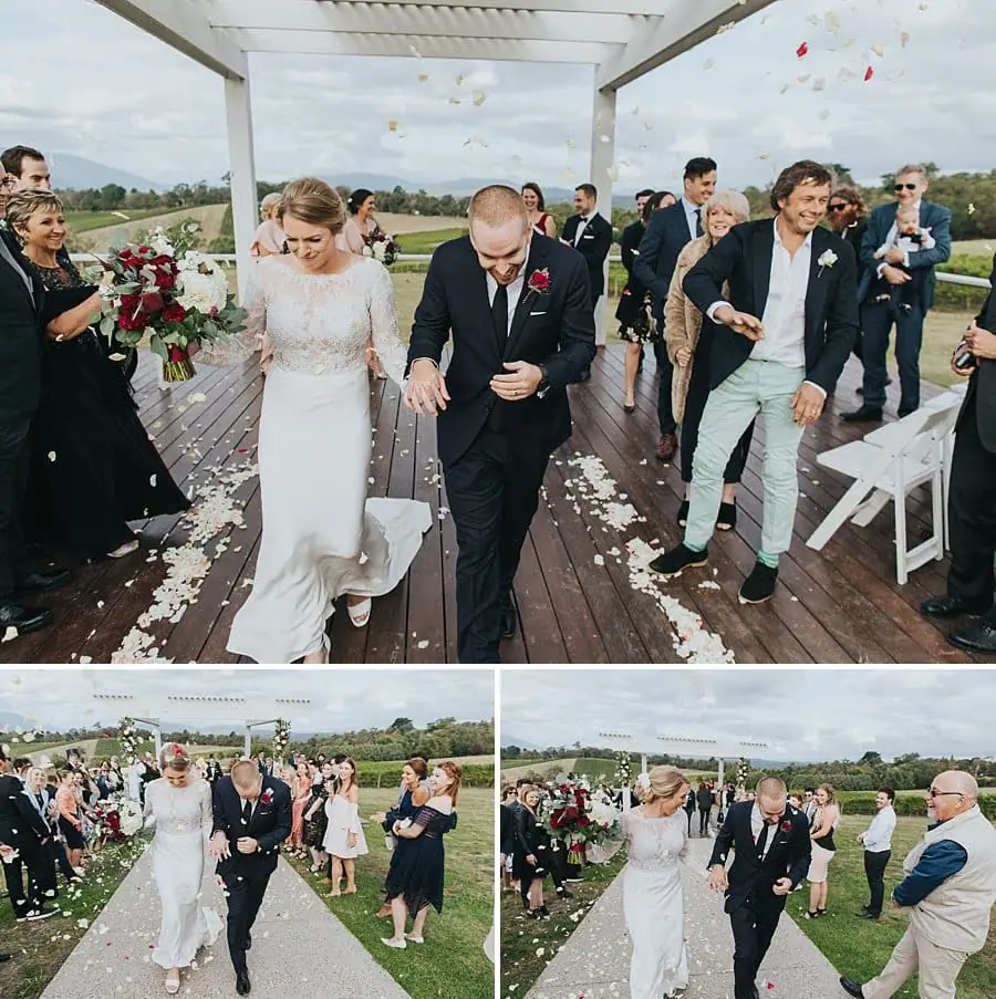 Three photographs of the couple walking through guests and confetti after the ceremony.