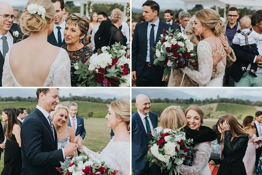 Four photographs of the couple chatting and hugging guests after the ceremony.