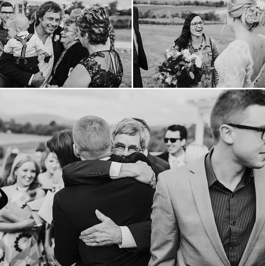 Three black-and-white photographs of guests greeting and embracing the couple.