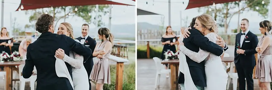 Two photographs of the bride hugging a man outside the reception.