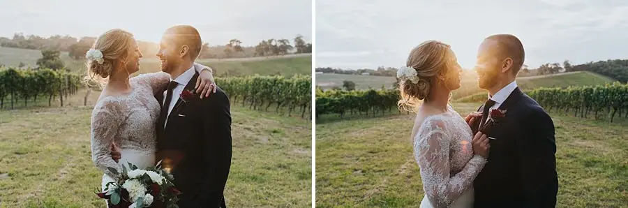Two sunset portraits of the couple embracing beside grapevines.